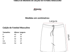 Tabela de medidas de calção de futebol masculino